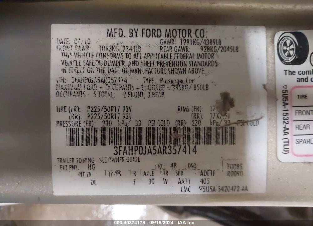 2010 FORD FUSION SEL VIN: 3FAHP0JA5AR357414