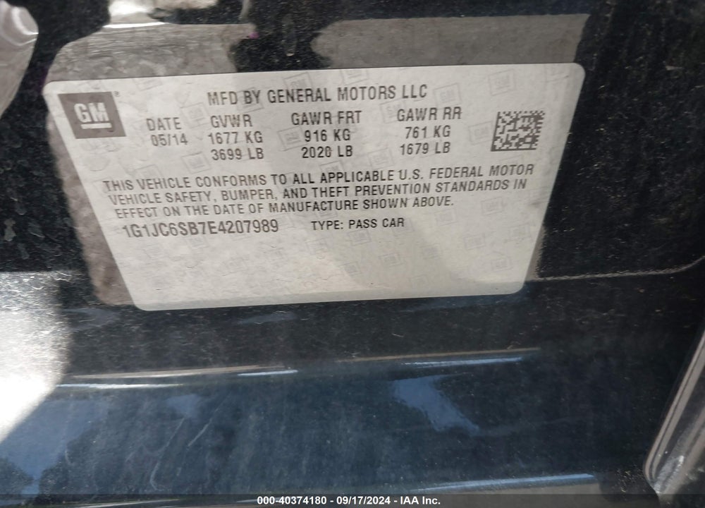 2014 CHEVROLET SONIC LT AUTO VIN: 1G1JC6SB7E4207989