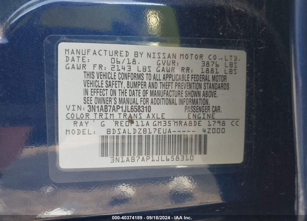 2018 NISSAN SENTRA SV VIN: 3N1AB7AP1JL658310