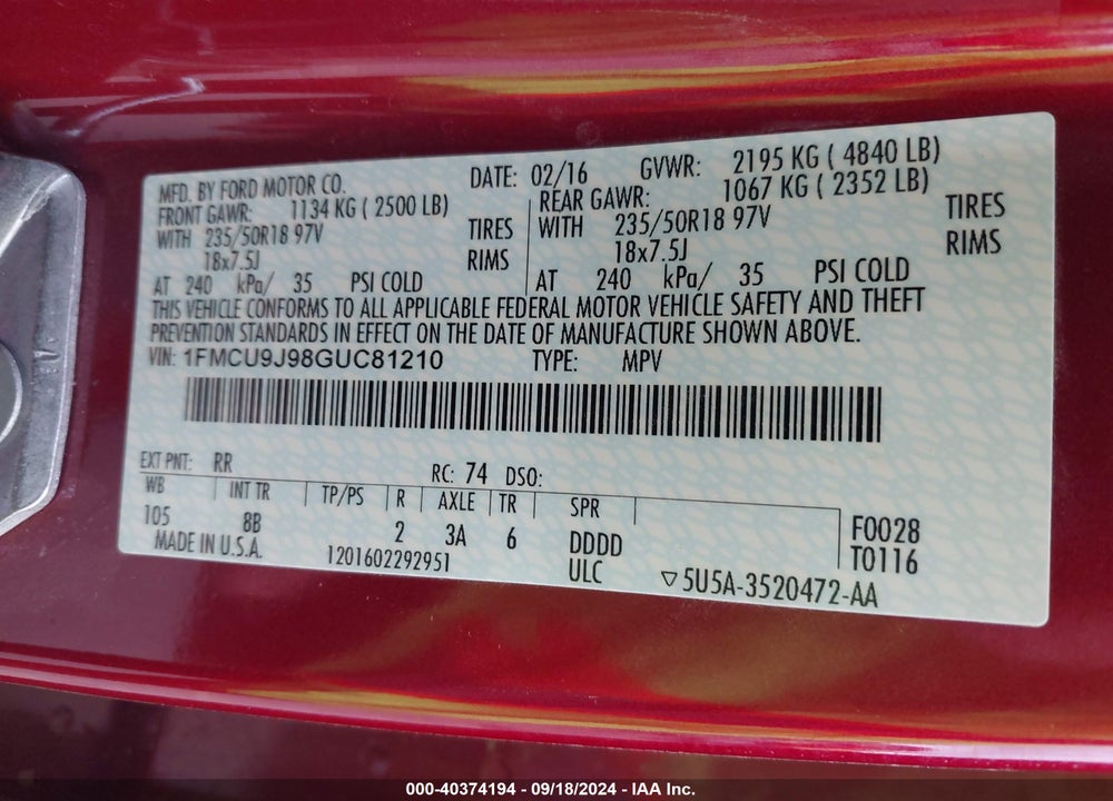 2016 FORD ESCAPE TITANIUM VIN: 1FMCU9J98GUC81210