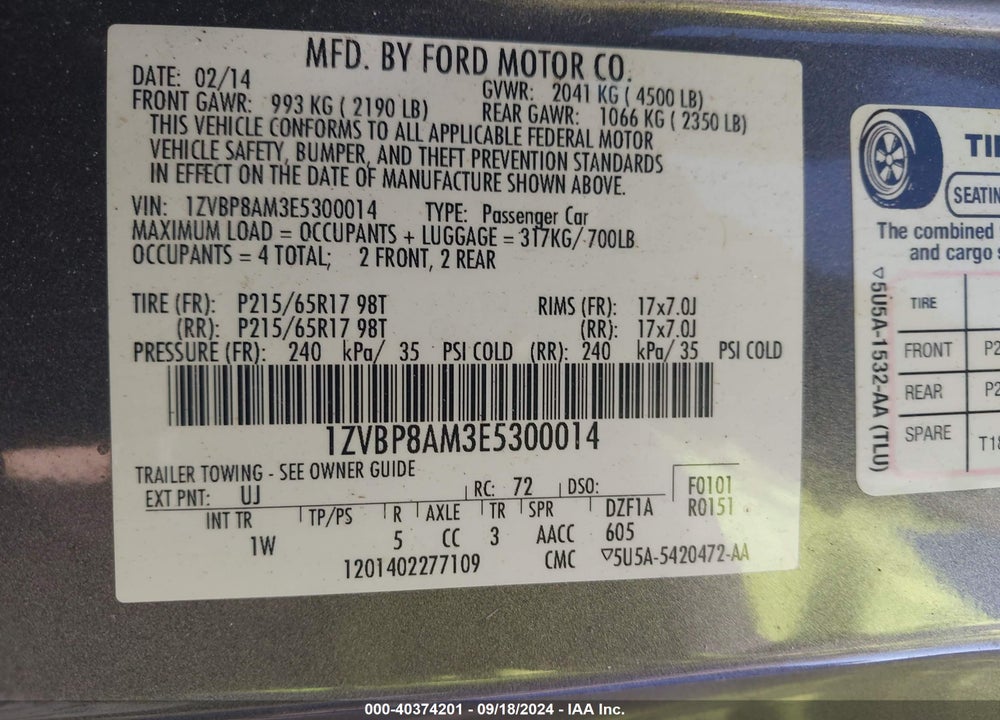 2014 FORD MUSTANG V6 VIN: 1ZVBP8AM3E5300014
