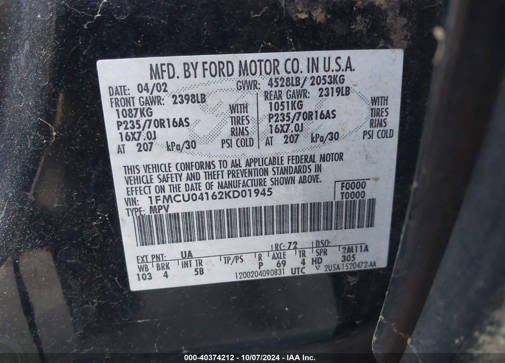 2002 FORD ESCAPE XLT VIN: 1FMCU04162KD01945