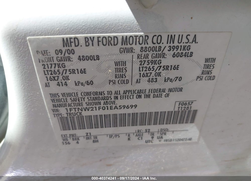 2001 FORD F-250 LARIAT/XL/XLT VIN: 1FTNW21F01EA59699