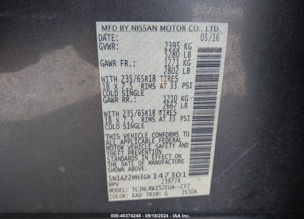 2016 NISSAN MURANO SL VIN: 5N1AZ2MH3GN147301