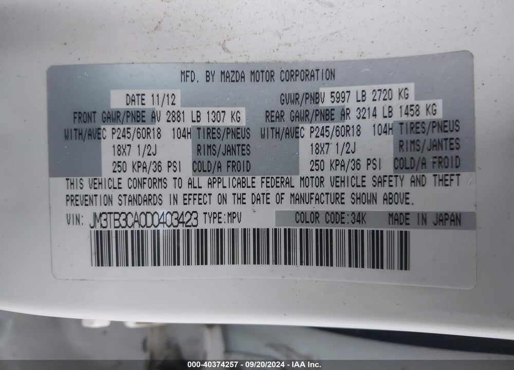 2013 MAZDA CX-9 TOURING VIN: JM3TB3CA0D0403423