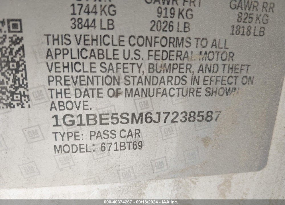 2018 CHEVROLET CRUZE LT AUTO VIN: 1G1BE5SM6J7238587