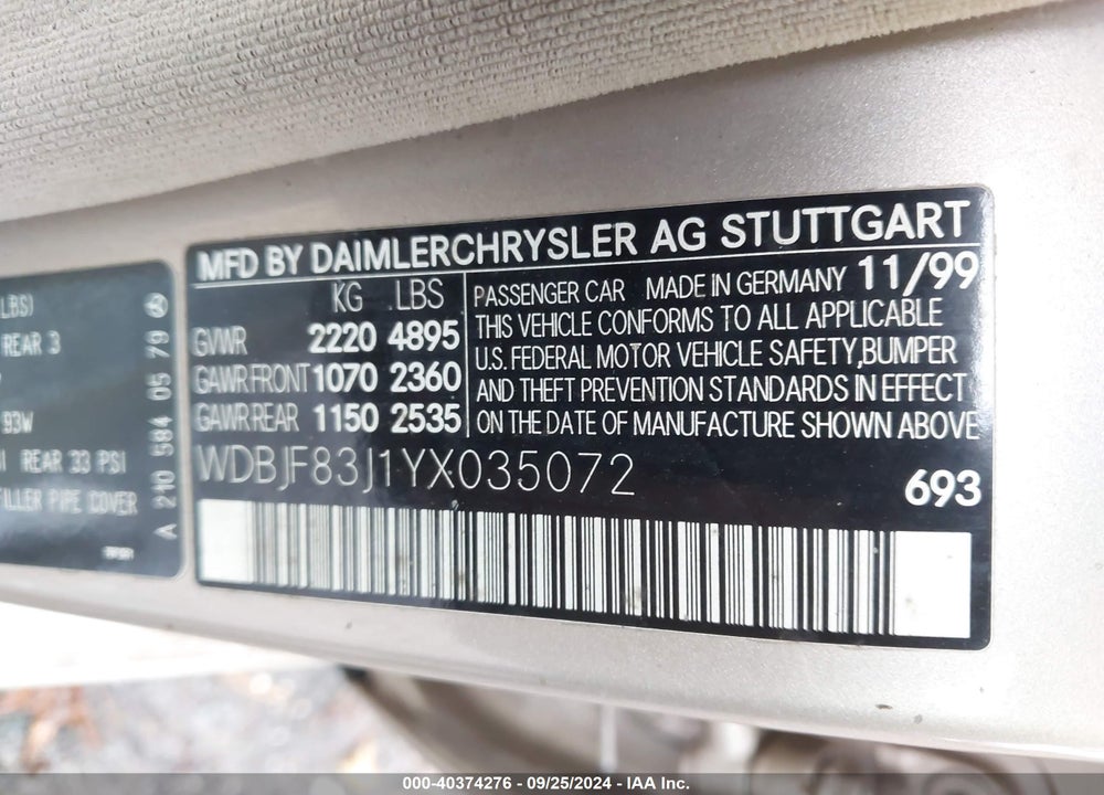 2000 MERCEDES-BENZ E 430 4M VIN: WDBJF83J1YX035072