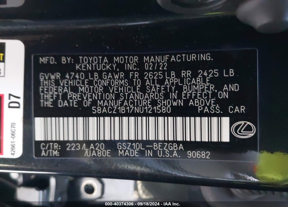2022 LEXUS ES 350 VIN: 58ACZ1B17NU121580