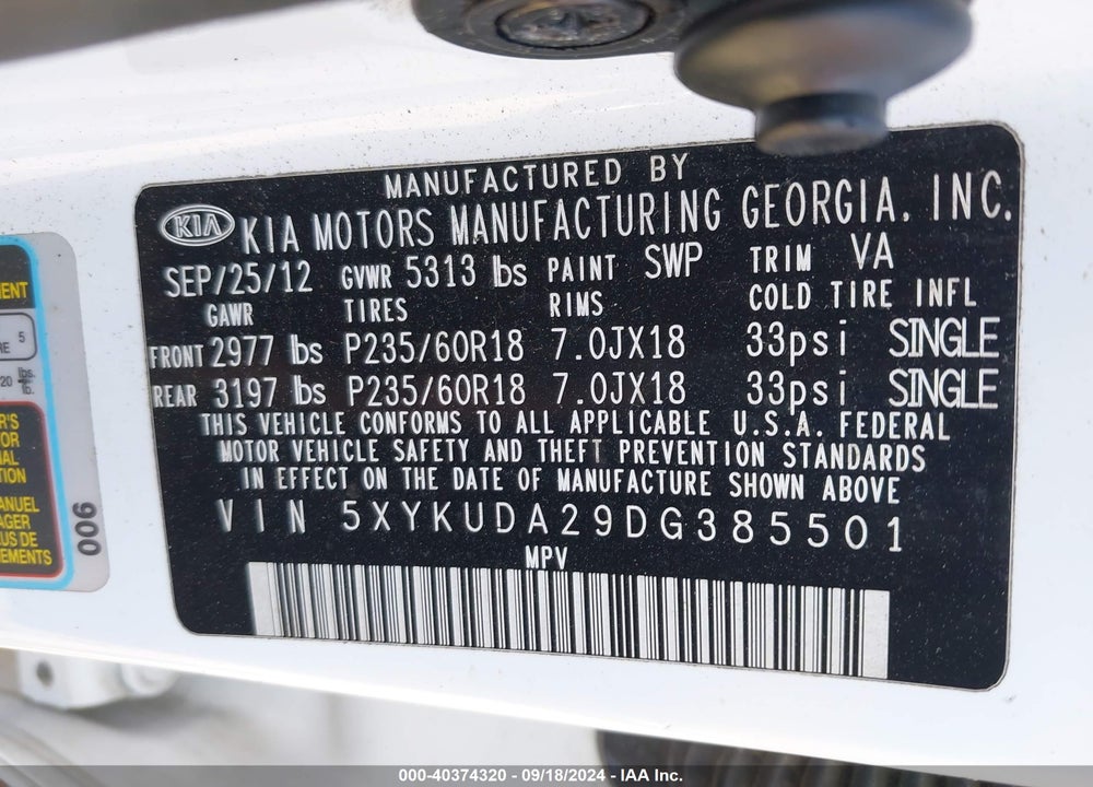 2013 KIA SORENTO EX V6 VIN: 5XYKUDA29DG385501