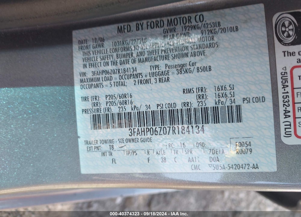 2007 FORD FUSION S VIN: 3FAHP06Z07R184134