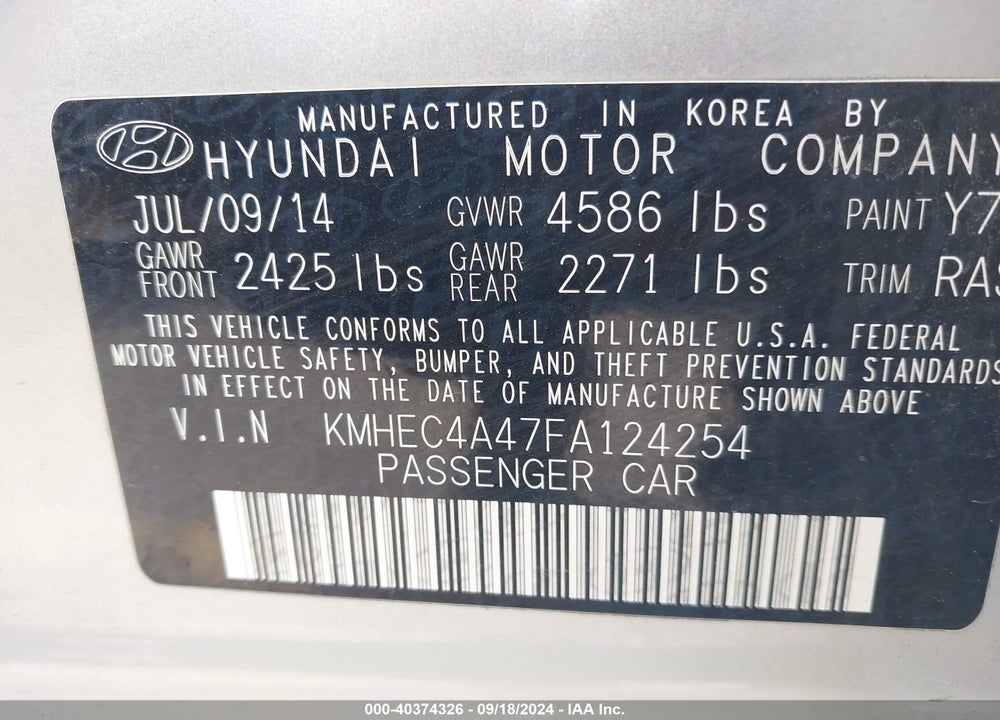 2015 HYUNDAI SONATA HYBRID LIMITED VIN: KMHEC4A47FA124254