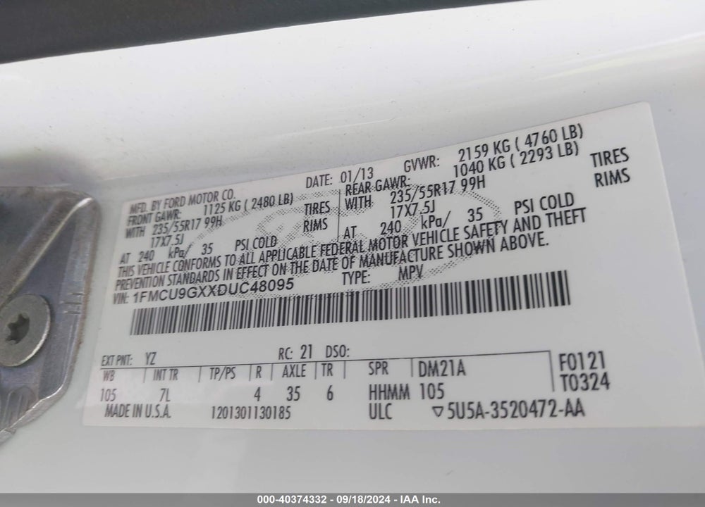 2013 FORD ESCAPE SE VIN: 1FMCU9GXXDUC48095