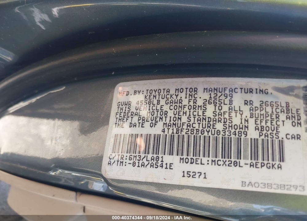 2000 TOYOTA AVALON XLS VIN: 4T1BF28B0YU033489