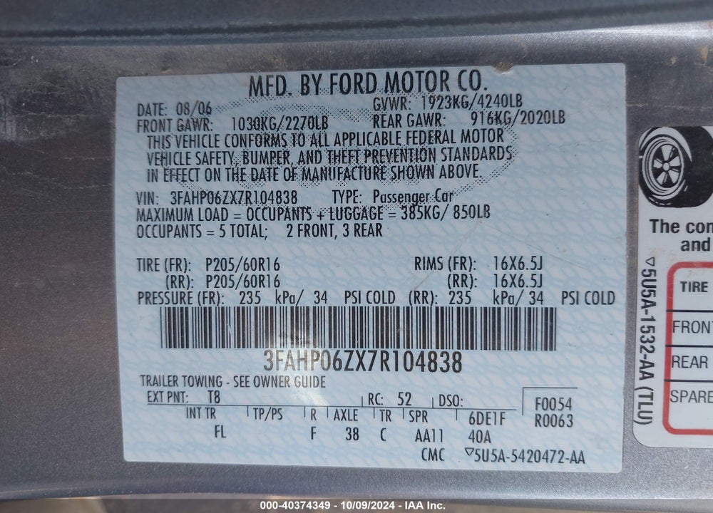 2007 FORD FUSION VIN: 3FAHP06ZX7R104838
