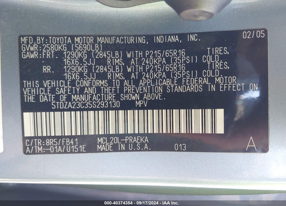 2005 TOYOTA SIENNA LE VIN: 5TDZA23C35S293130