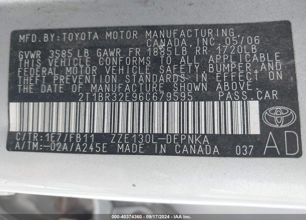 2006 TOYOTA COROLLA LE VIN: 2T1BR32E96C679595