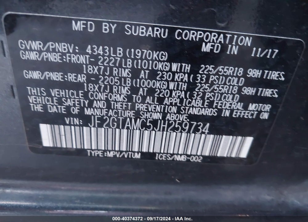2018 SUBARU CROSSTREK LIMITED VIN: JF2GTAMC5JH259734