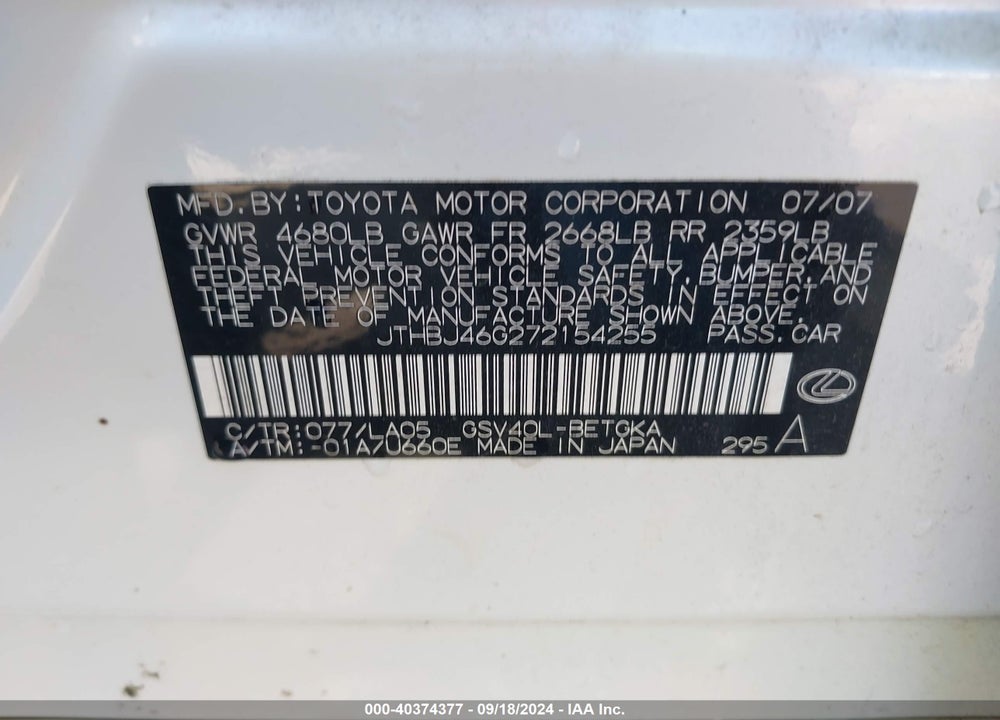 2007 LEXUS ES 350 VIN: JTHBJ46G272154255