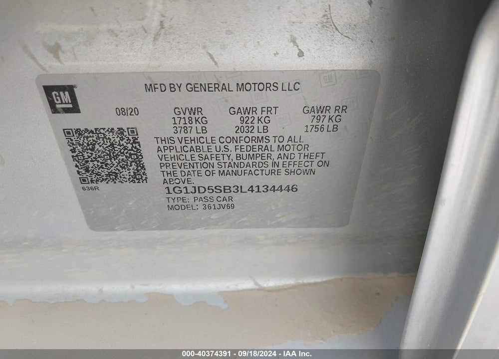 2020 CHEVROLET SONIC FWD  LT VIN: 1G1JD5SB3L4134446