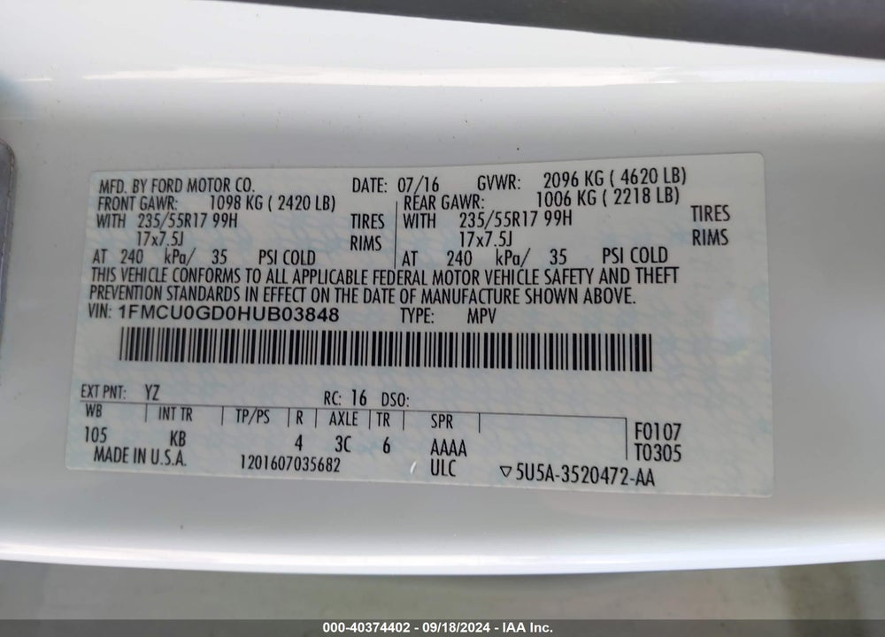 2017 FORD ESCAPE SE VIN: 1FMCU0GD0HUB03848