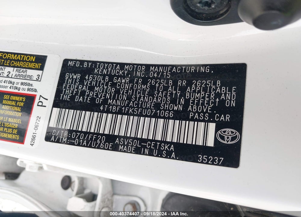 2015 TOYOTA CAMRY SE VIN: 4T1BF1FK5FU071066