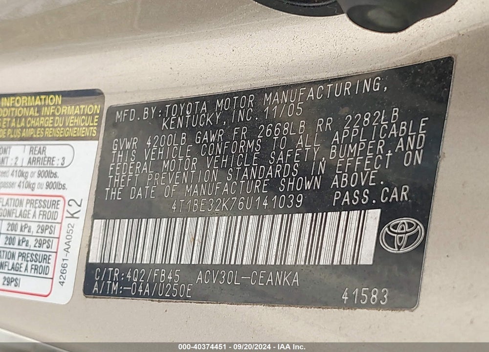 2006 TOYOTA CAMRY LE VIN: 4T1BE32K76U141039