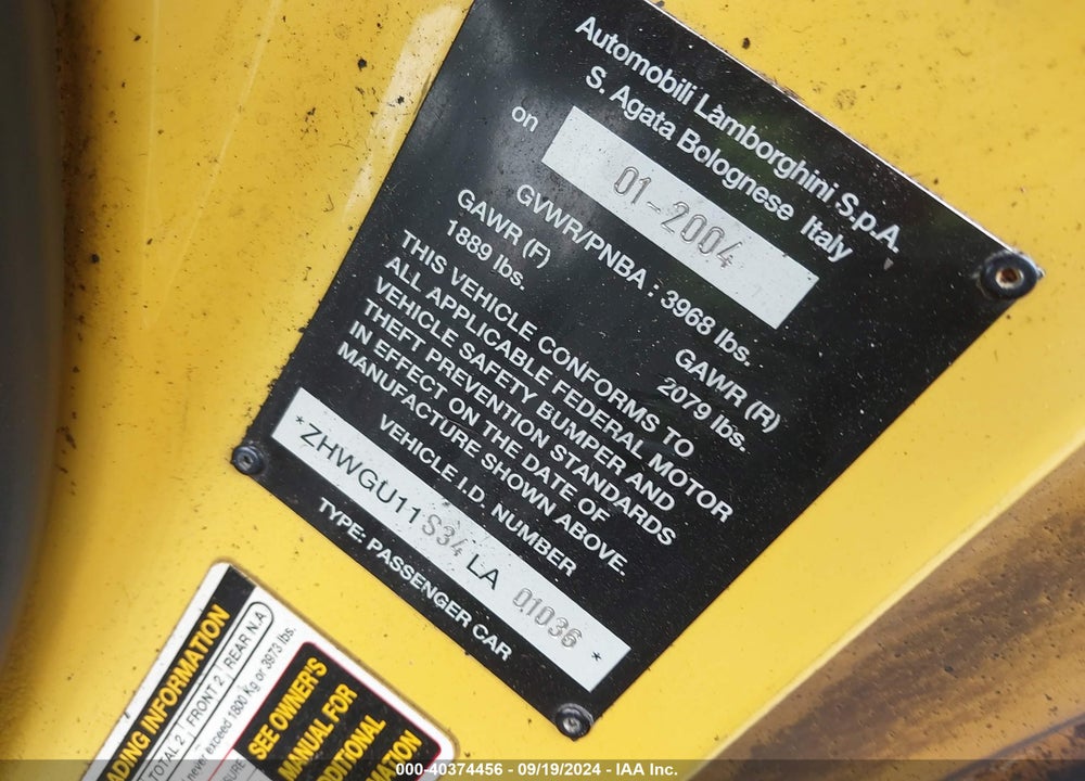 2004 LAMBORGHINI GALLARDO VIN: ZHWGU11S34LA01036
