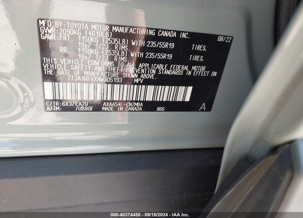2022 TOYOTA RAV4 XLE PREMIUM VIN: 2T3A1RFVXNW305193