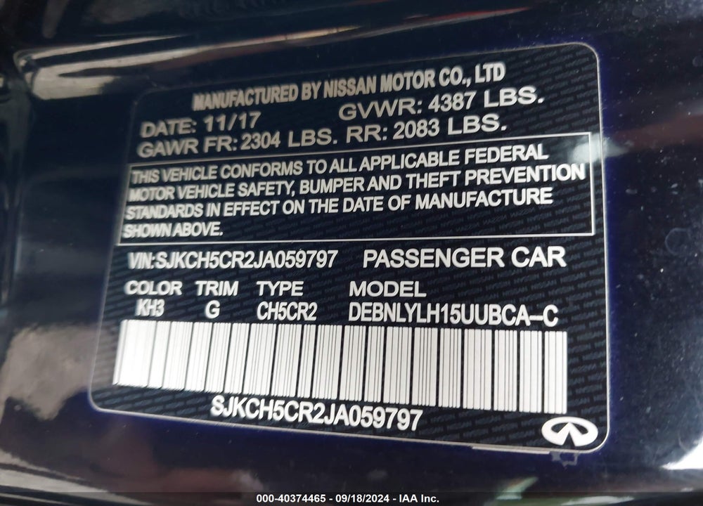 2018 INFINITI QX30 PREMIUM VIN: SJKCH5CR2JA059797