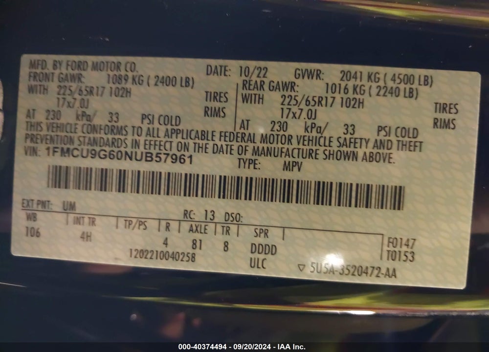 2022 FORD ESCAPE SE VIN: 1FMCU9G60NUB57961