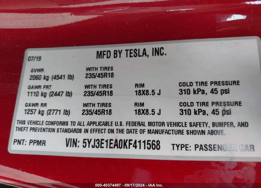 2019 TESLA MODEL 3 LONG RANGE/MID RANGE/STANDARD RANGE/STANDARD RANGE PLUS VIN: 5YJ3E1EA0KF411568