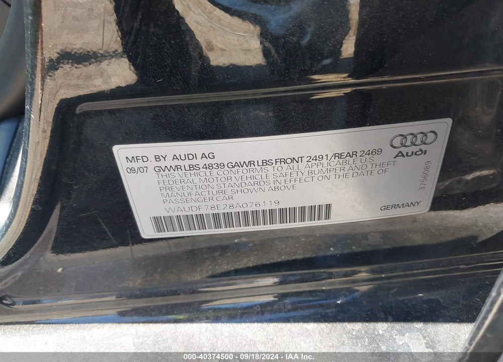 2008 AUDI A4 2.0T/2.0T SPECIAL EDITION VIN: WAUDF78E28A076119