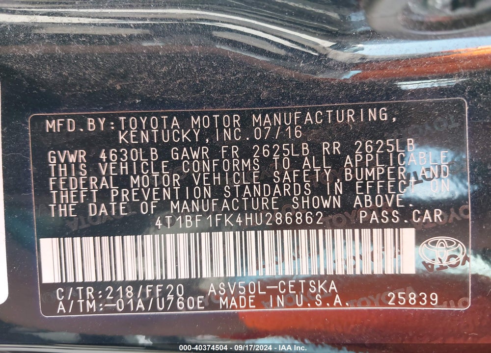 2017 TOYOTA CAMRY SE VIN: 4T1BF1FK4HU286862