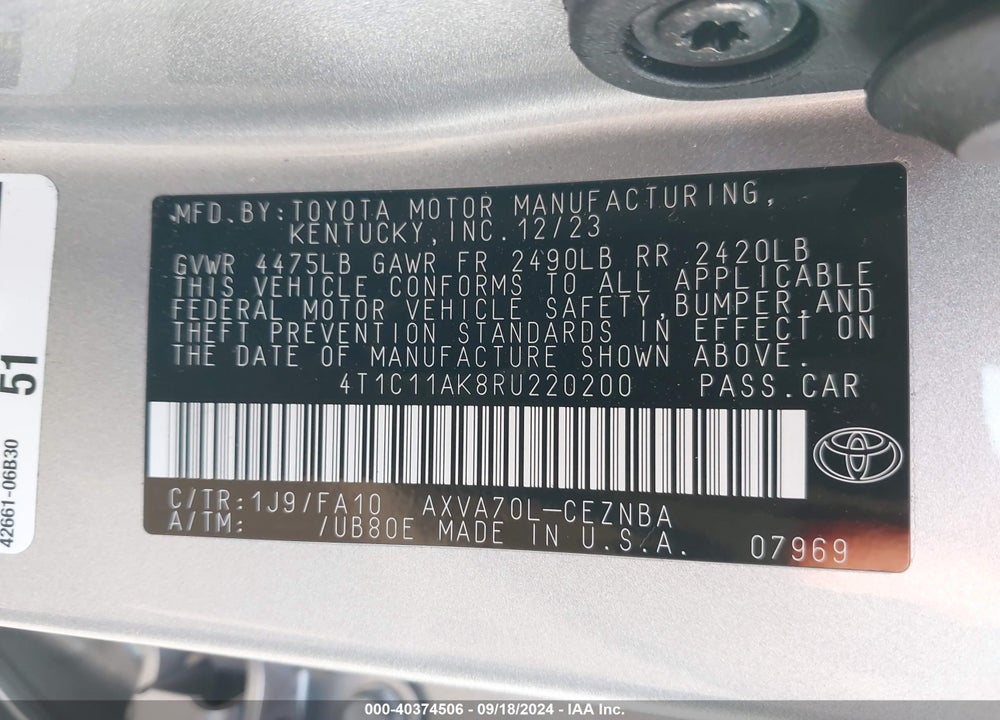 2024 TOYOTA CAMRY LE VIN: 4T1C11AK8RU220200
