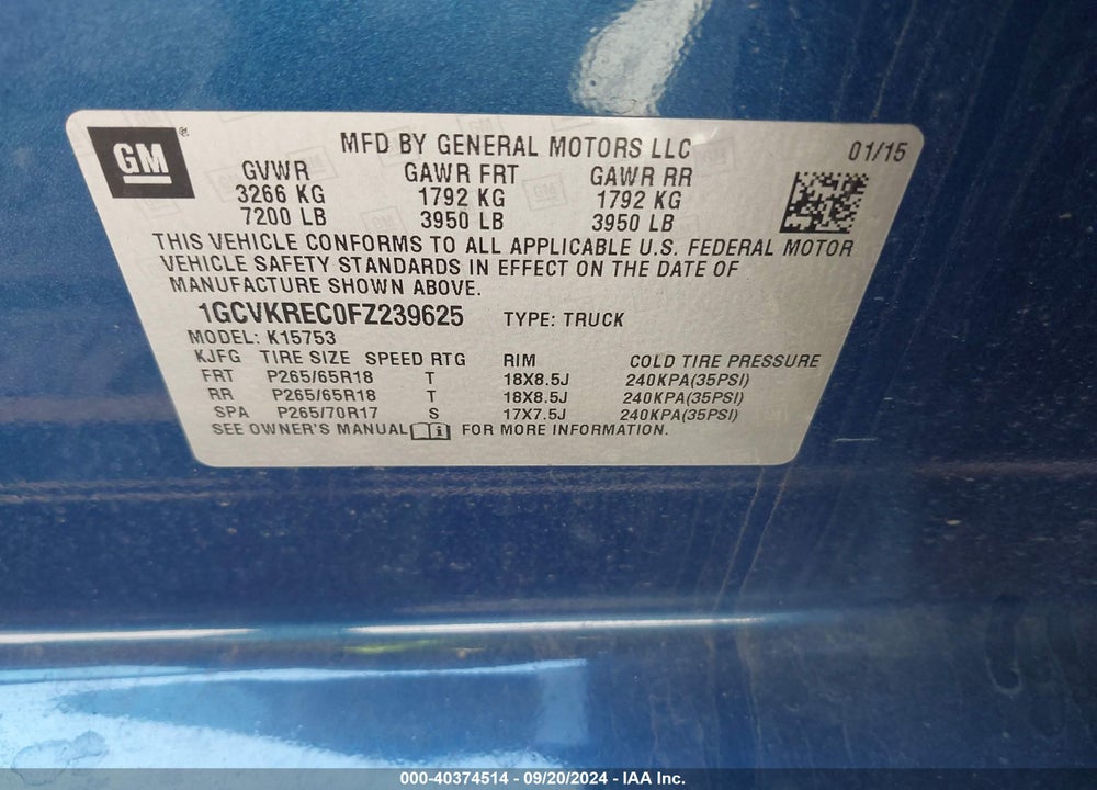 2015 CHEVROLET SILVERADO 1500 1LT VIN: 1GCVKREC0FZ239625