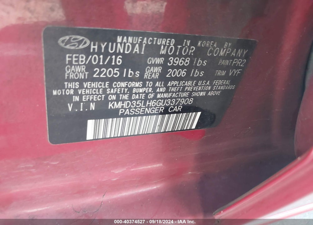 2016 HYUNDAI ELANTRA GT VIN: KMHD35LH6GU337908