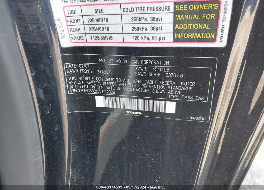 2007 VOLVO C70 T5 VIN: YV1MC682X7J022328