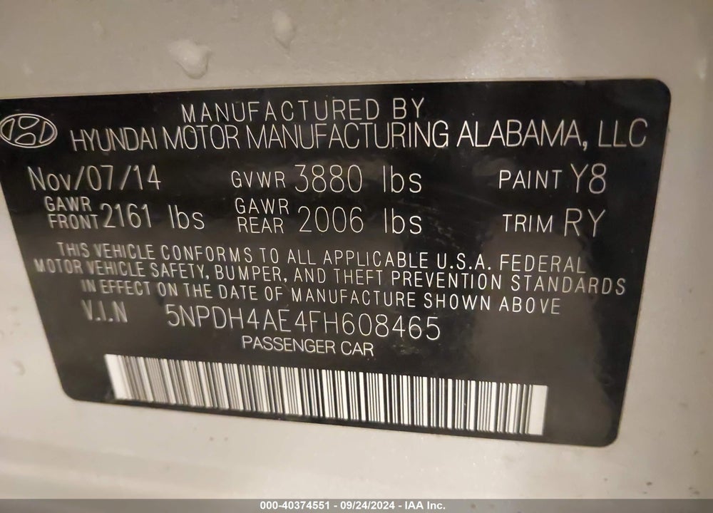 2015 HYUNDAI ELANTRA SE VIN: 5NPDH4AE4FH608465