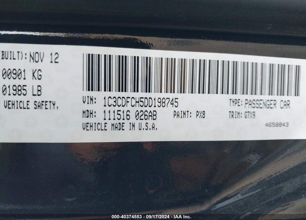 2013 DODGE DART LIMITED VIN: 1C3CDFCH5DD198745