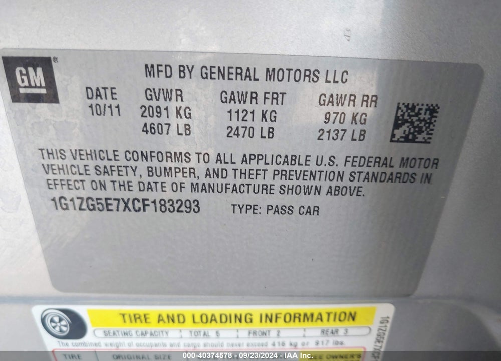 2012 CHEVROLET MALIBU 2LZ VIN: 1G1ZG5E7XCF183293