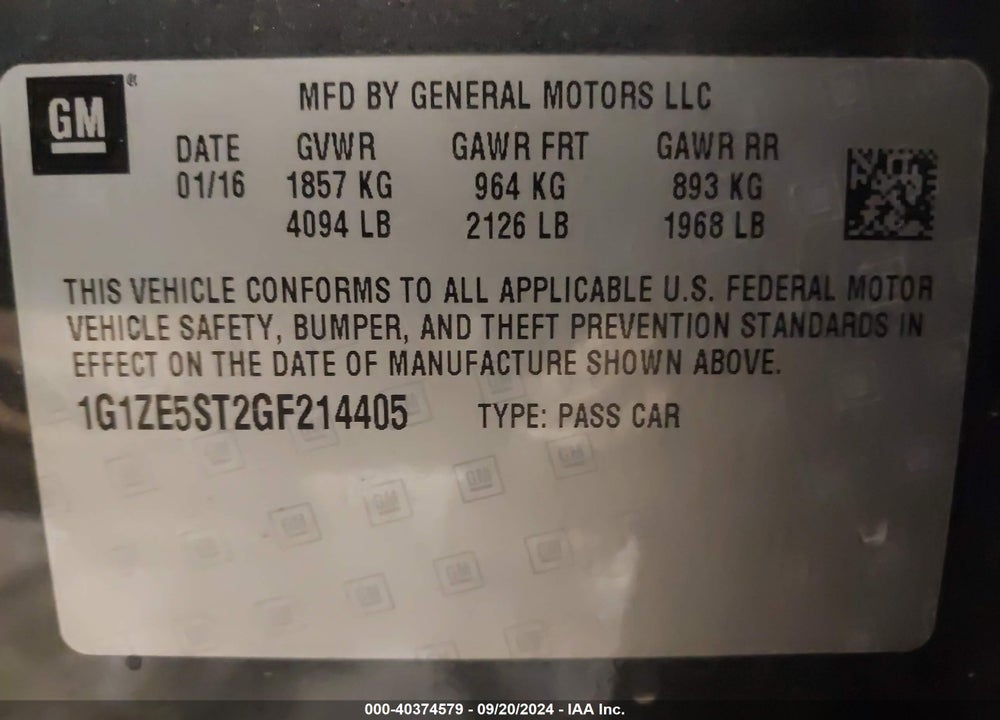 2016 CHEVROLET MALIBU 1LT VIN: 1G1ZE5ST2GF214405