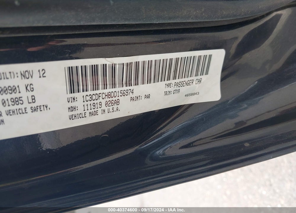 2013 DODGE DART LIMITED VIN: 1C3CDFCH8DD156974