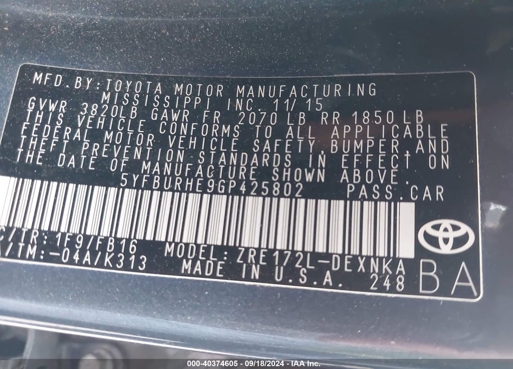 2016 TOYOTA COROLLA LE PLUS VIN: 5YFBURHE9GP425802
