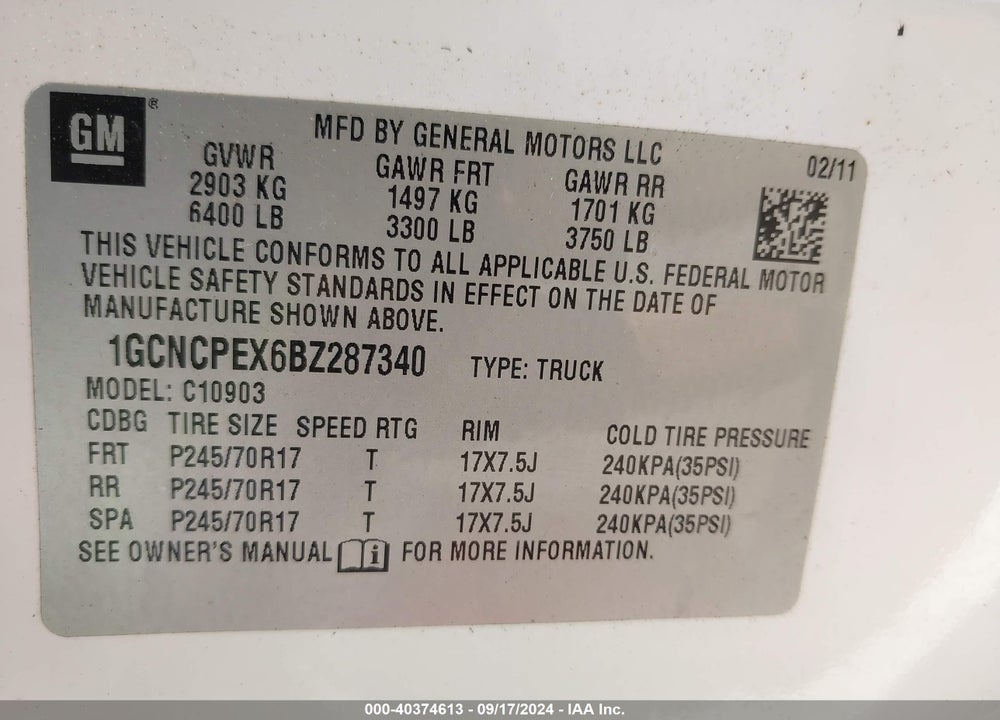 2011 CHEVROLET SILVERADO 1500 WORK TRUCK VIN: 1GCNCPEX6BZ287340
