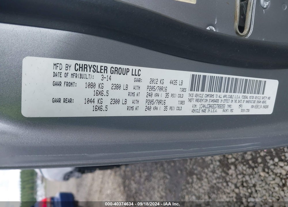 2014 JEEP COMPASS VIN: 1C4NJCBA2ED789293