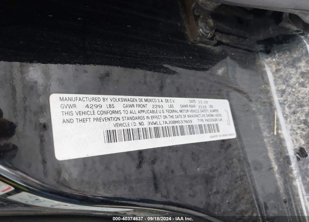 2011 VOLKSWAGEN JETTA 2.0L TDI VIN: 3VWLL7AJ0BM037809