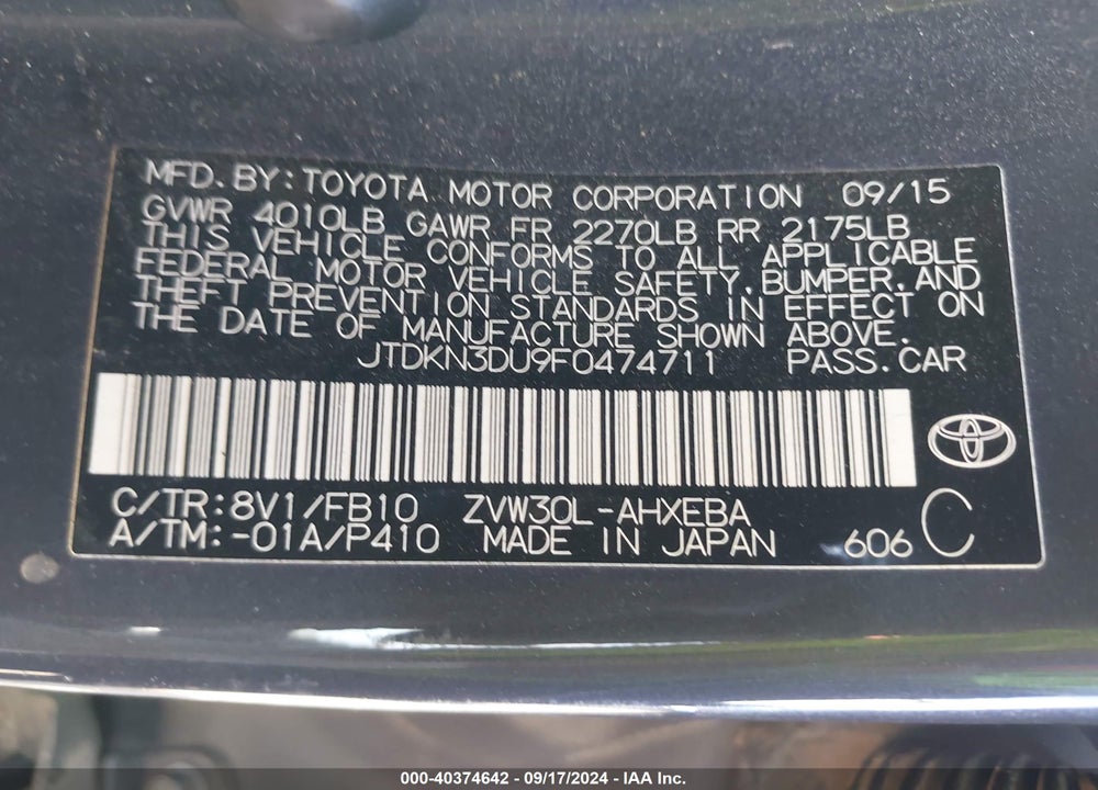 2015 TOYOTA PRIUS TWO VIN: JTDKN3DU9F0474711