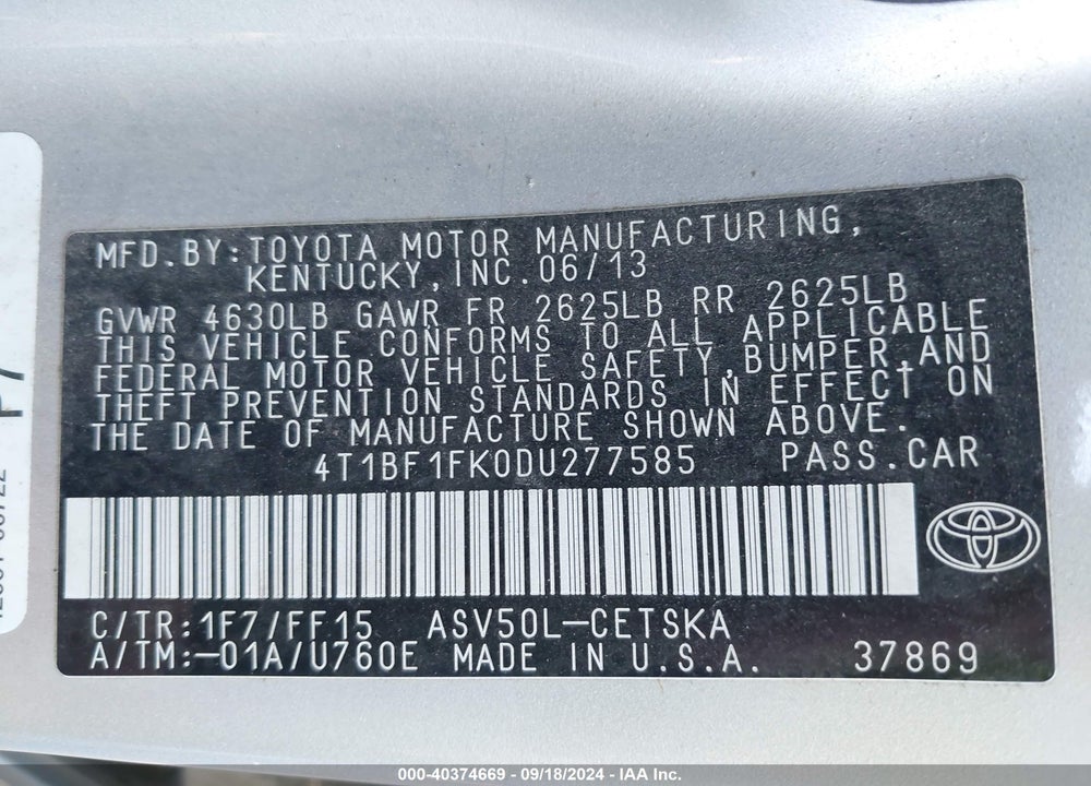 2013 TOYOTA CAMRY SE VIN: 4T1BF1FK0DU277585
