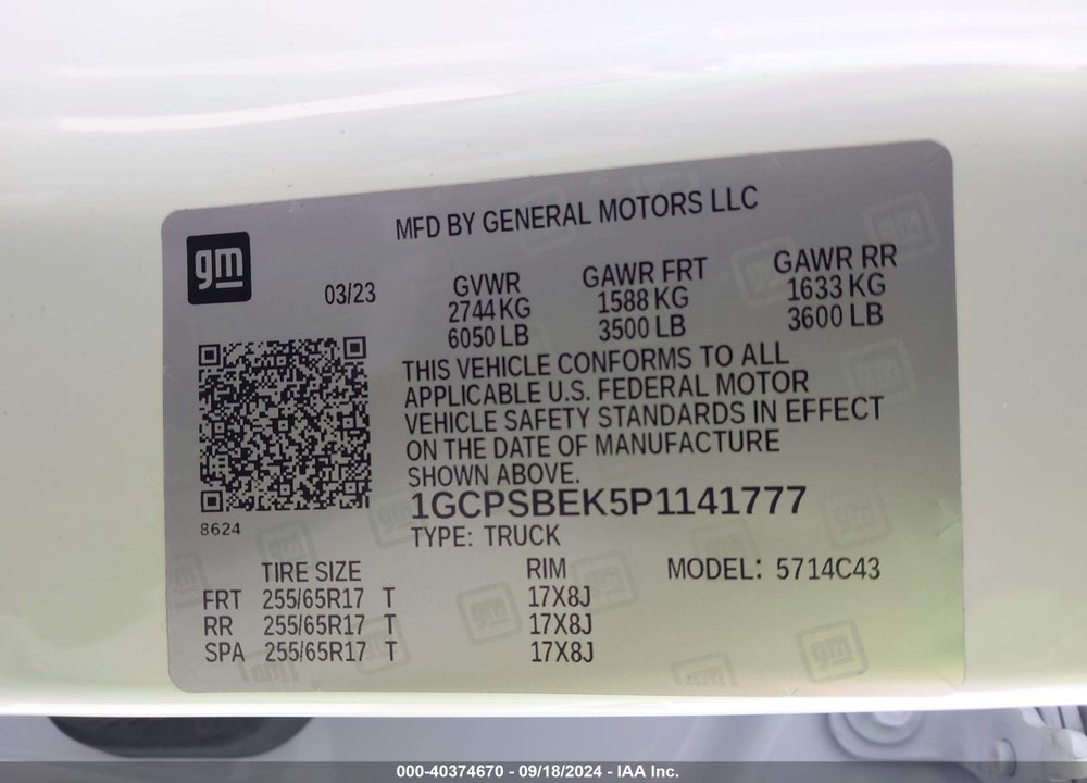 2023 CHEVROLET COLORADO 2WD SHORT BOX WT VIN: 1GCPSBEK5P1141777