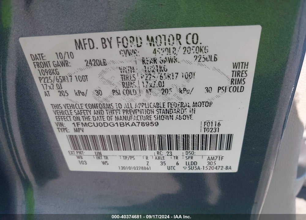 2011 FORD ESCAPE XLT VIN: 1FMCU0DG1BKA78959